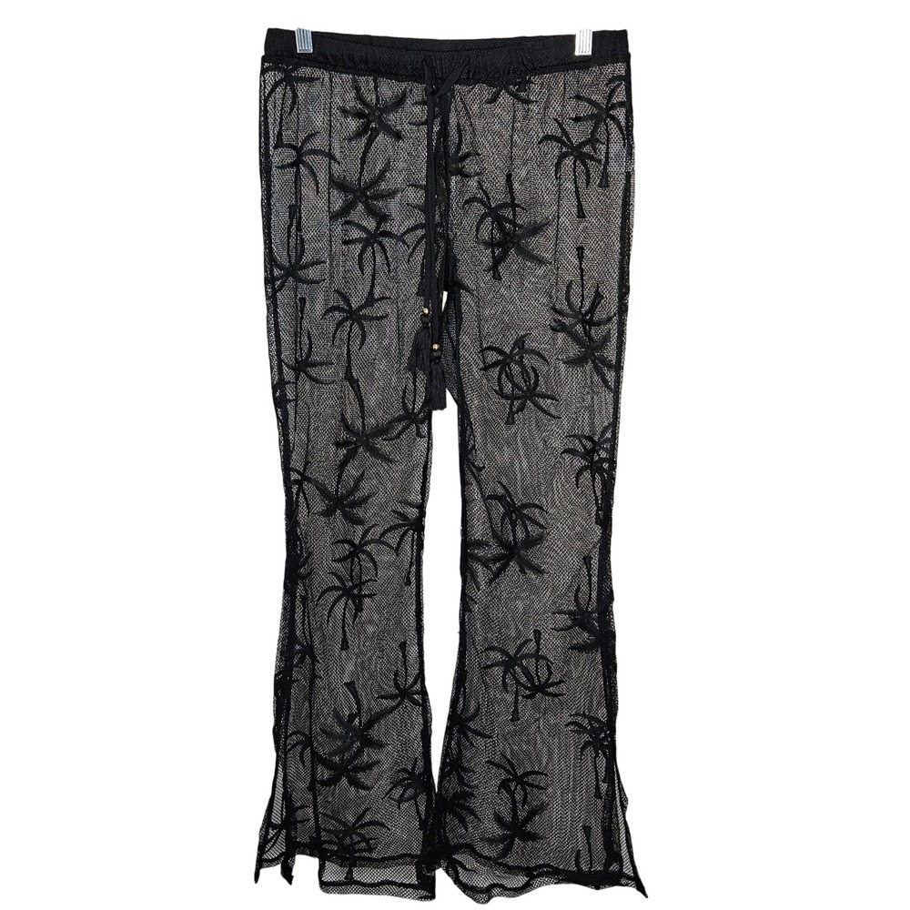 Miken Swim Black Mesh Palm Tree Flocked Wide Leg Beach Cover Up Pants Medium